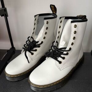 Dr. Martens White Leather Lace-Up Combat Boots with Black Trim